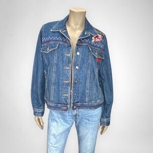 Vintage Embroidered and Beaded Blue Denim Jacket L